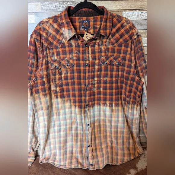 Def Leppard Upcycled Dip Dye Bleach Flannel Shirt - Picture 11 of 15